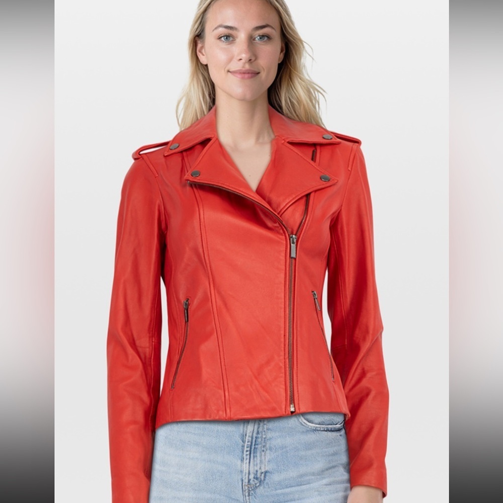 Neiman Marcus distressed Bold Red/Orange  Leather Biker Leather Size X-Large NWT
